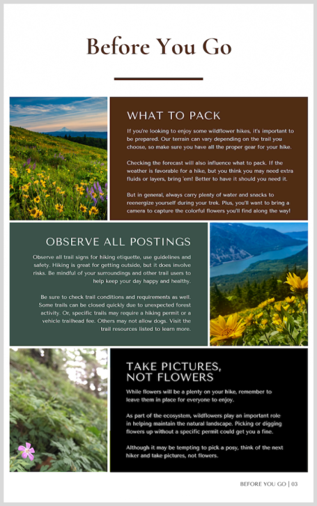 An e-guide page created by lilbird creative to educate hikers on a day of hiking to support a bnb in a content marketing campaign.